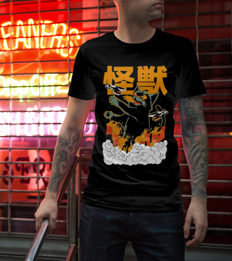 Kaiju No 8 Monster Cat Attack With Helicopters And Flames T-Shirt