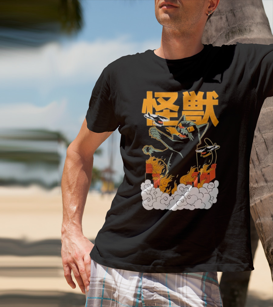 Kaiju No 8 Monster Cat Attack With Helicopters And Flames T-Shirt