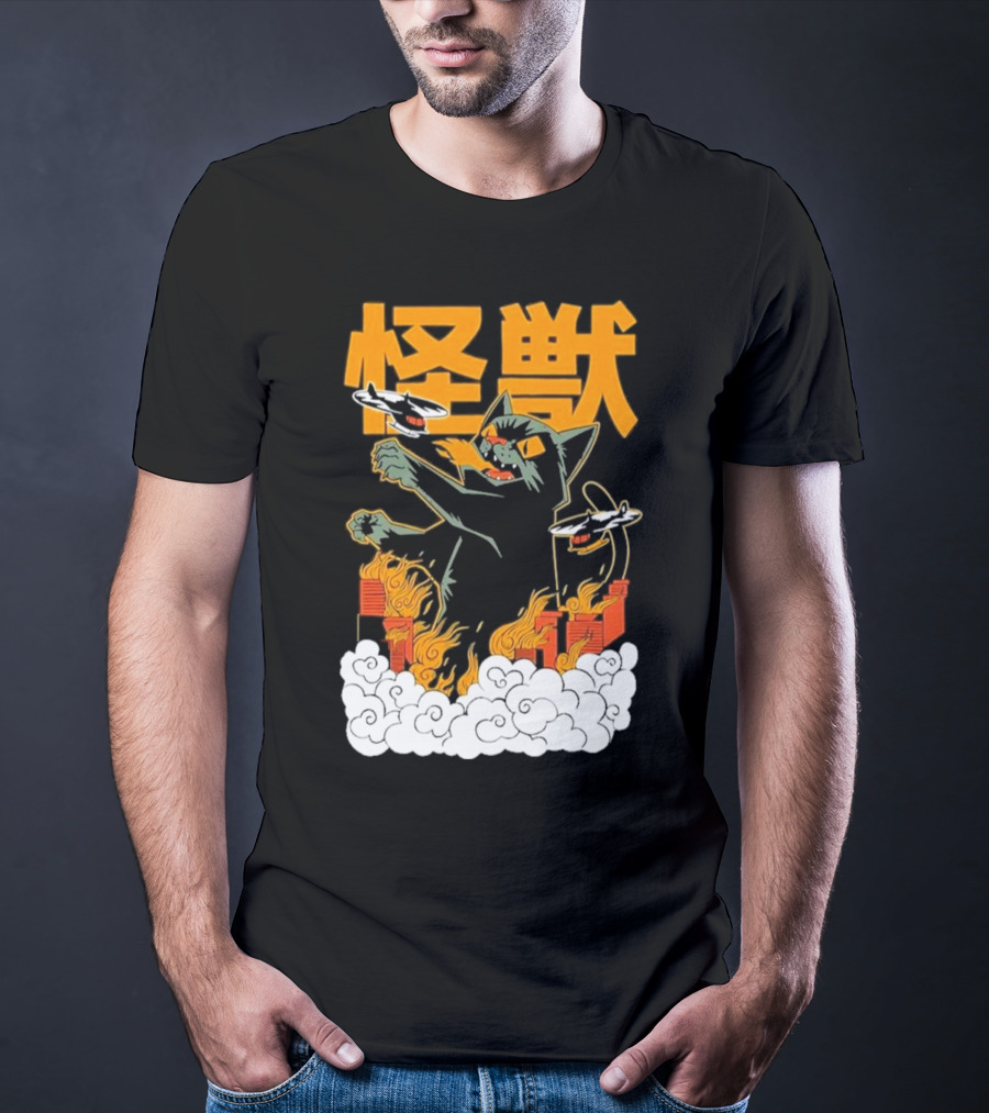 Kaiju No 8 Monster Cat Attack With Helicopters And Flames T-Shirt