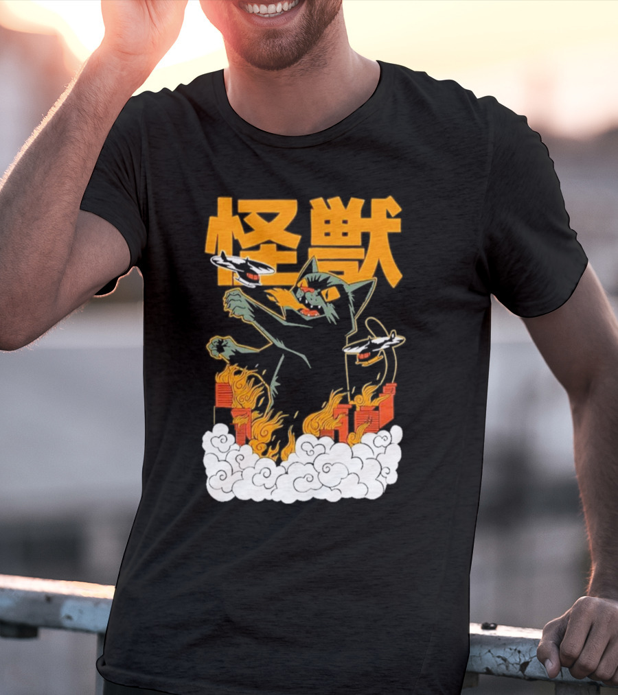 Kaiju No 8 Monster Cat Attack With Helicopters And Flames T-Shirt