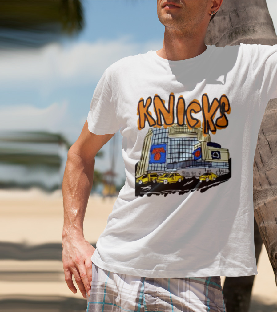 Knicks New York City Taxi Sketch With Arena Background T-Shirt
