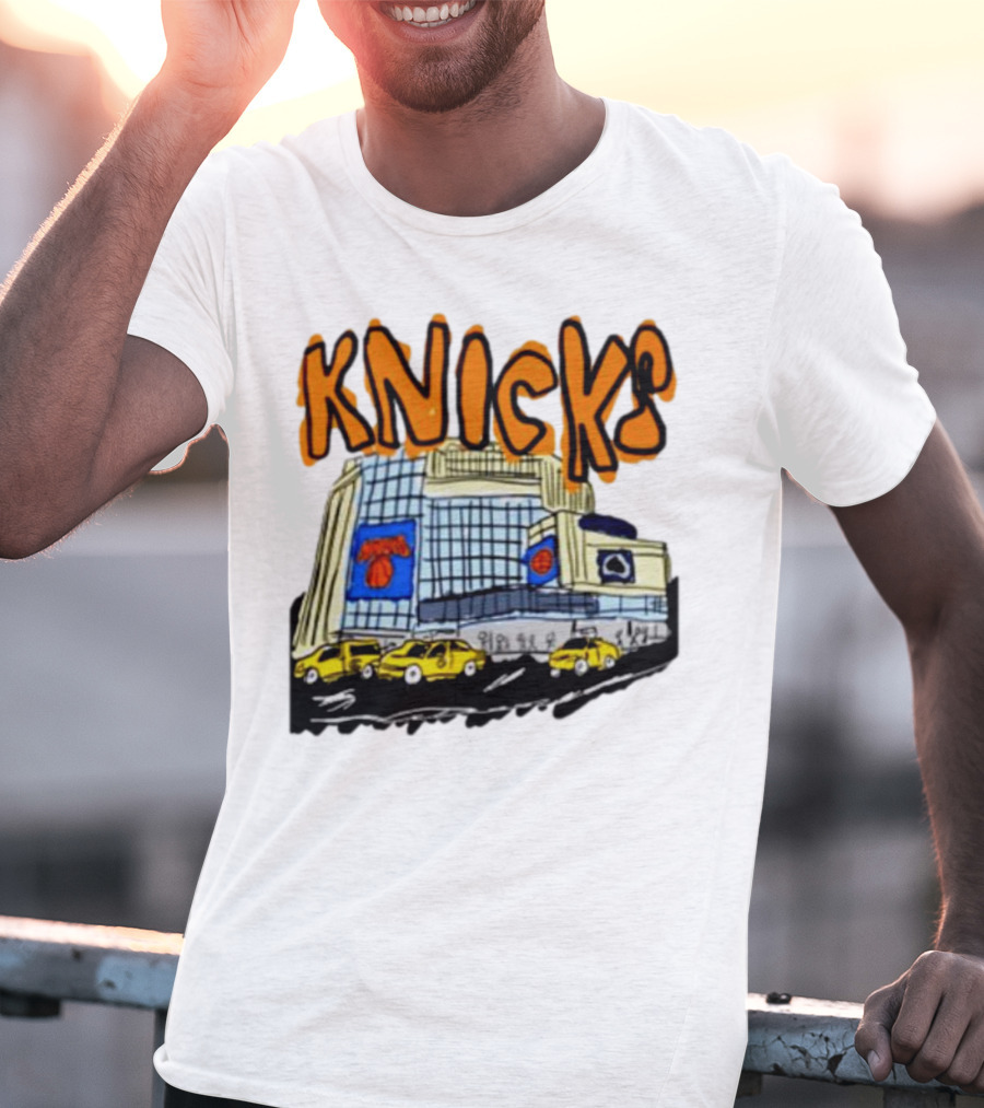 Knicks New York City Taxi Sketch With Arena Background T-Shirt