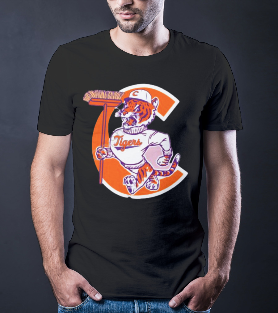 Clemson Tigers Vintage Logo With Broom And Letter C T-Shirt