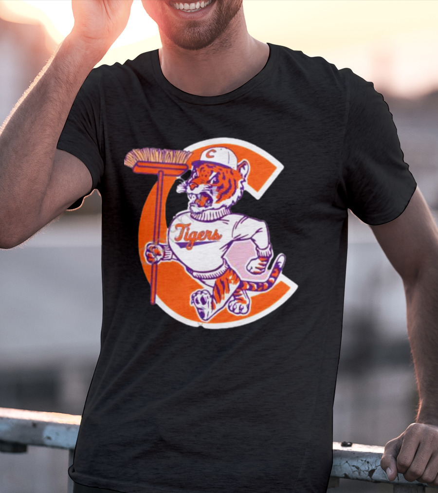 Clemson Tigers Vintage Logo With Broom And Letter C T-Shirt