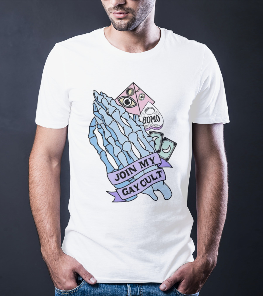 JOIN MY GAY CULT HOMO EYE PYRAMID SKELETON HANDS T-Shirt