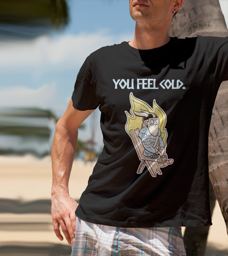 Valheim Merch Store You Feel Cold Viking Character Sitting With Flame Background T-Shirt