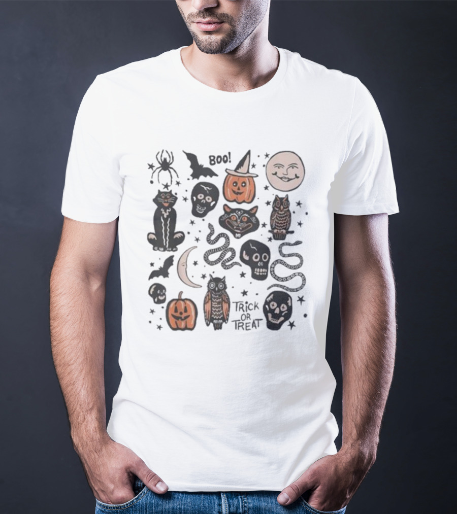 Halloween Season Boo Trick Or Treat Pumpkin Skull Spooky Vibes Moon Cat Owl Snake T-Shirt