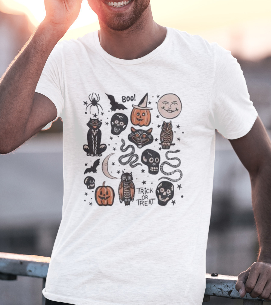 Halloween Season Boo Trick Or Treat Pumpkin Skull Spooky Vibes Moon Cat Owl Snake T-Shirt