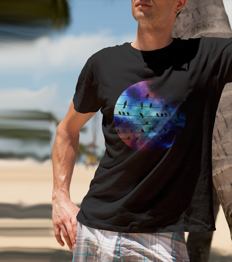 Birds On A Wire Cosmic Galaxy Silhouette In Space T-Shirt