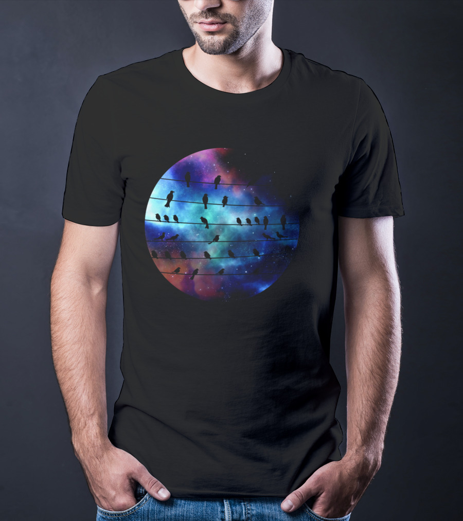 Birds On A Wire Cosmic Galaxy Silhouette In Space T-Shirt