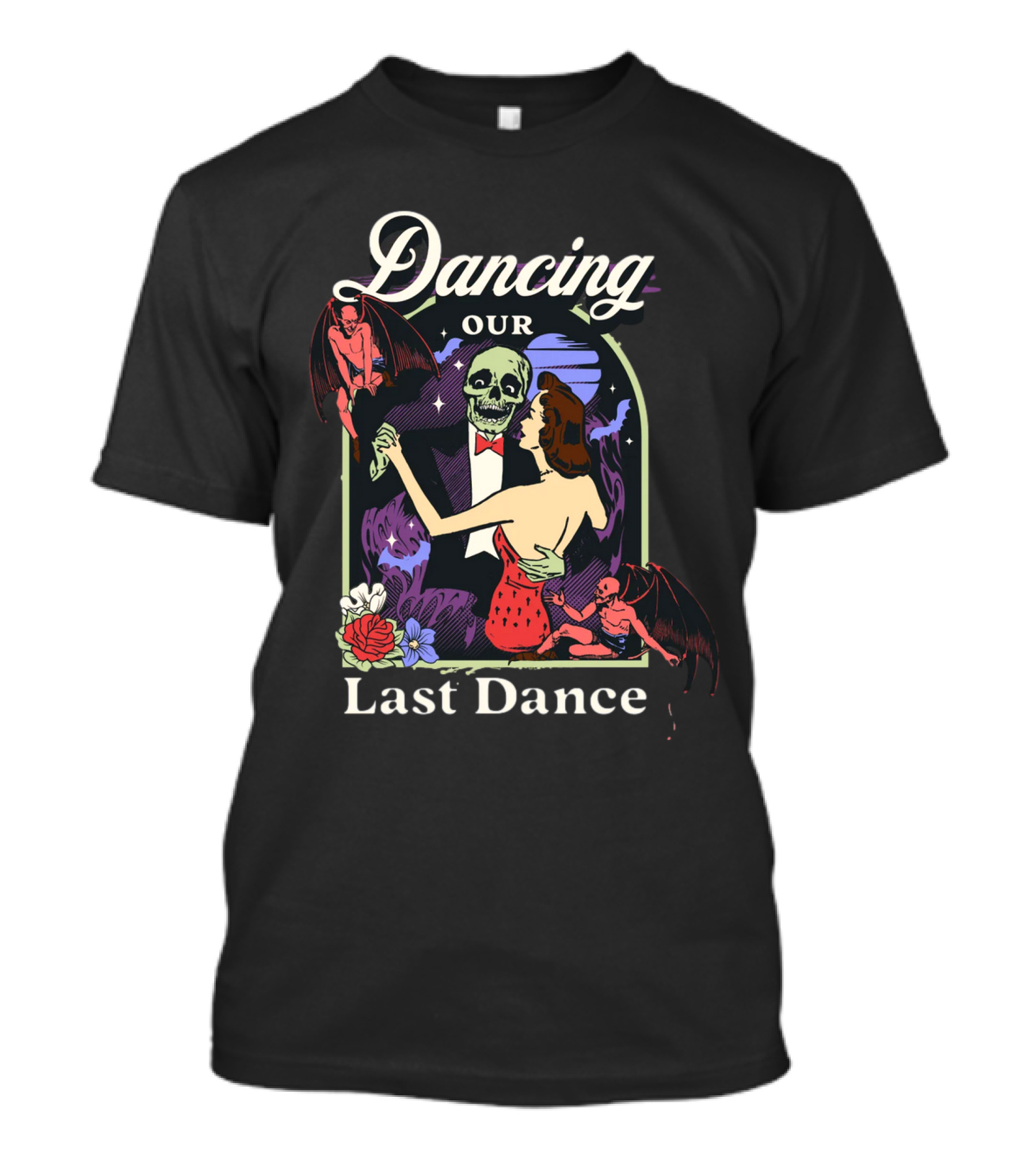 Dancing Our Last Dance Halloween Skeleton Couple With Demons And Flowers T-Shirt
