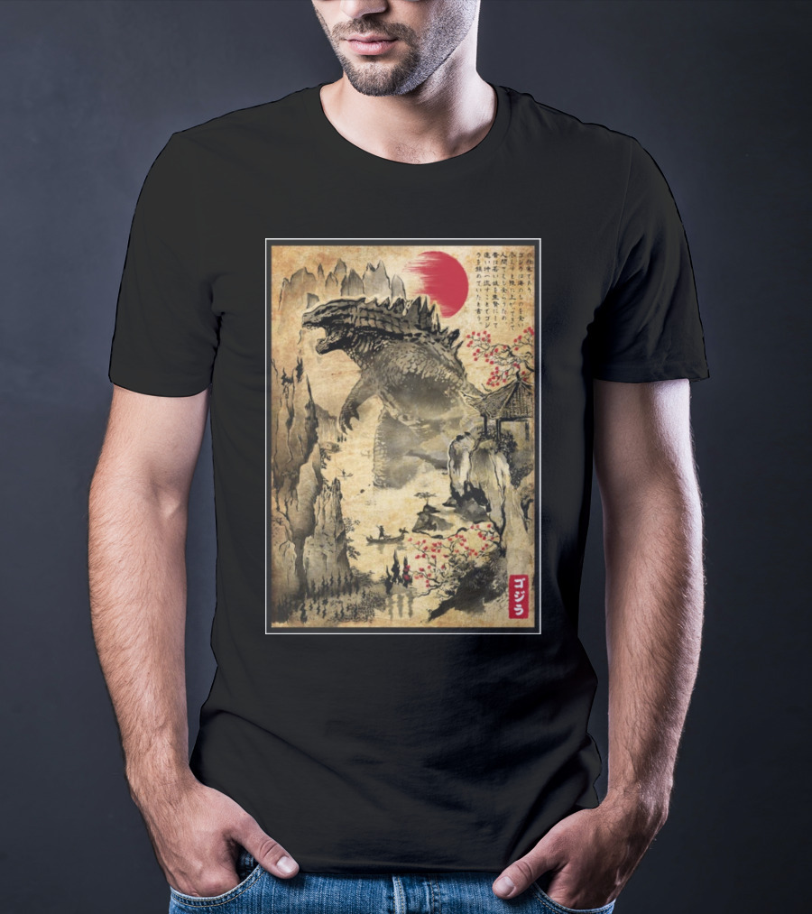 Gojira Japanese Woodblock Ukiyo-e Style With Red Sun And Cherry Blossoms T-Shirt