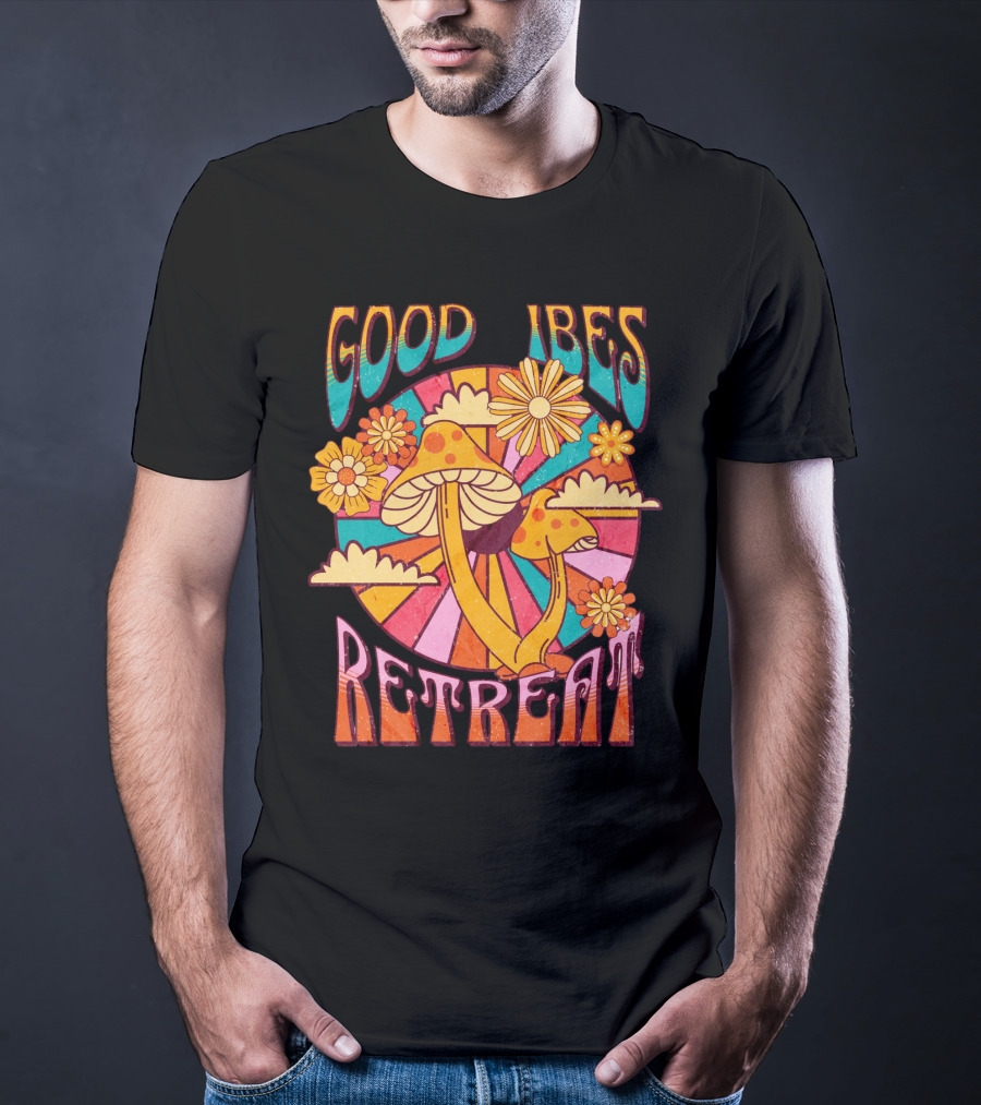 Good Vibes Retreat Mushroom Flowers Retro Psychedelic T-Shirt