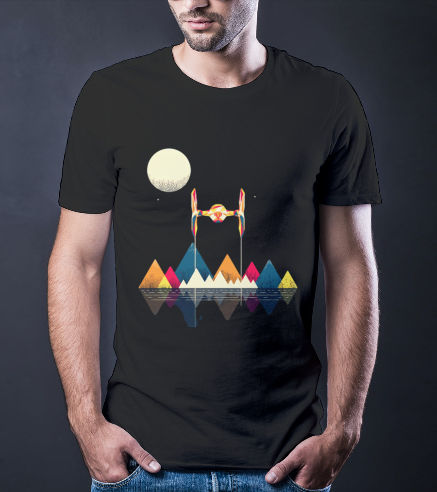 Imperial Fighter Tie Spaceship Over Geometric Mountains And Moon T-Shirt