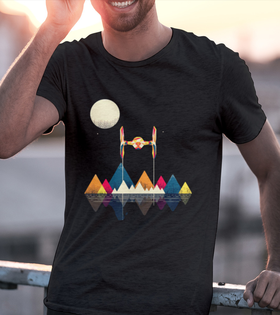 Imperial Fighter Tie Spaceship Over Geometric Mountains And Moon T-Shirt