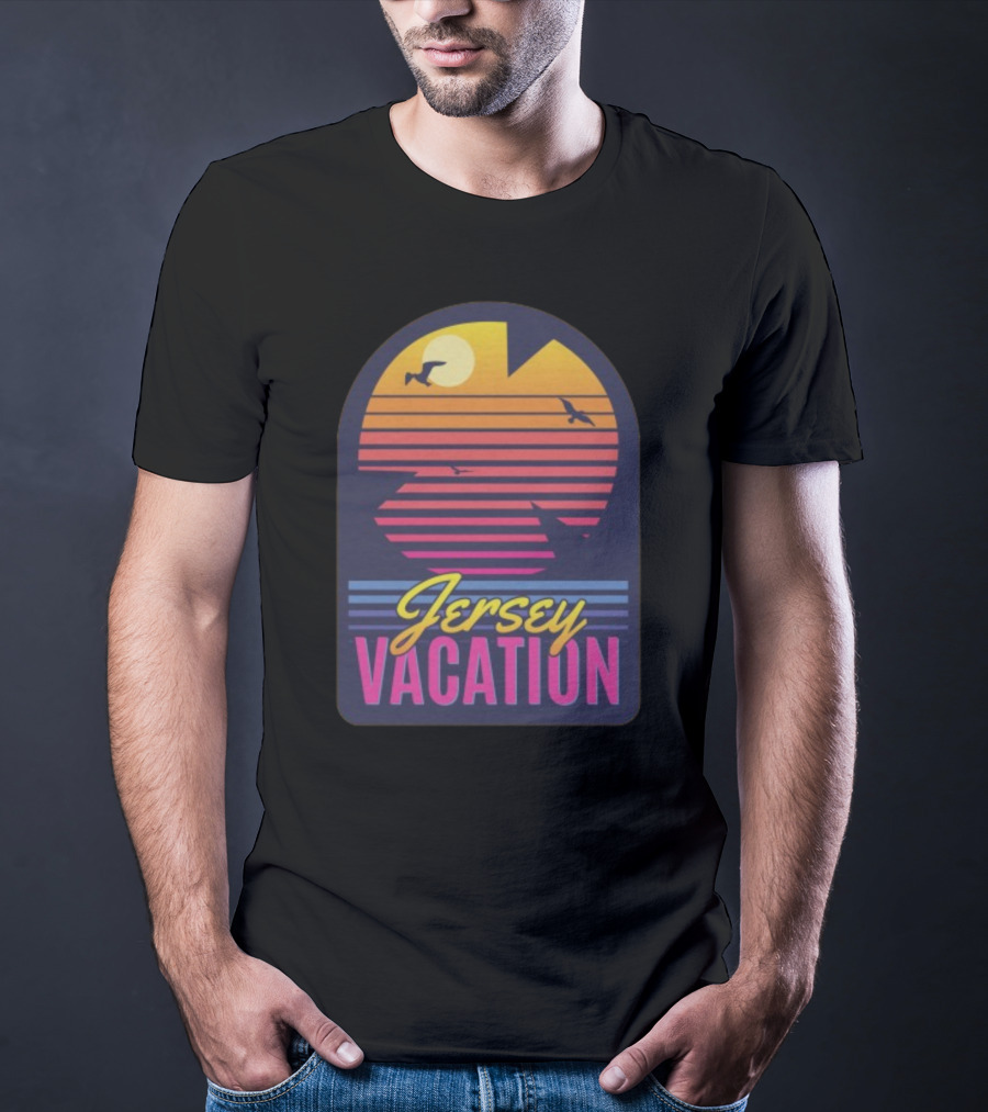 Jersey Vacation Retro Sunset Beach Scene With Birds And Stripes T-Shirt