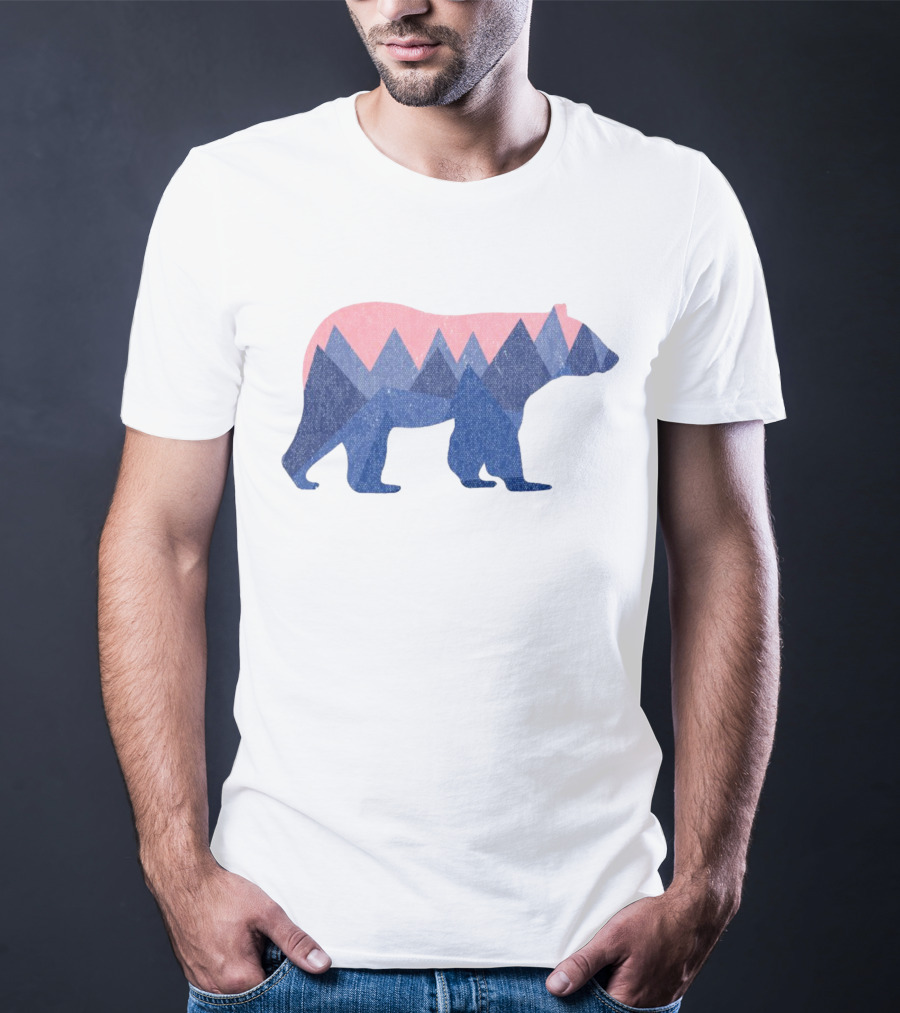 Mountain Bear Silhouette With Geometric Peaks In Blue And Pink T-Shirt