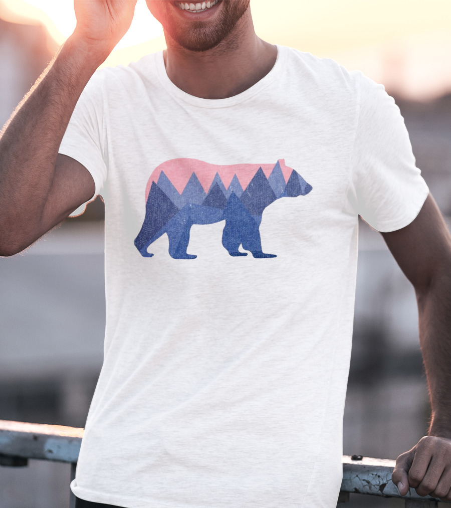 Mountain Bear Silhouette With Geometric Peaks In Blue And Pink T-Shirt
