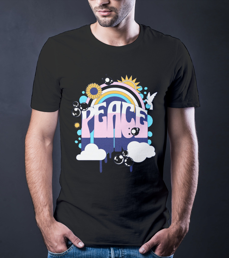 Peace Colorful Rainbow Sunflower Clouds Dove And Good Vibes T-Shirt