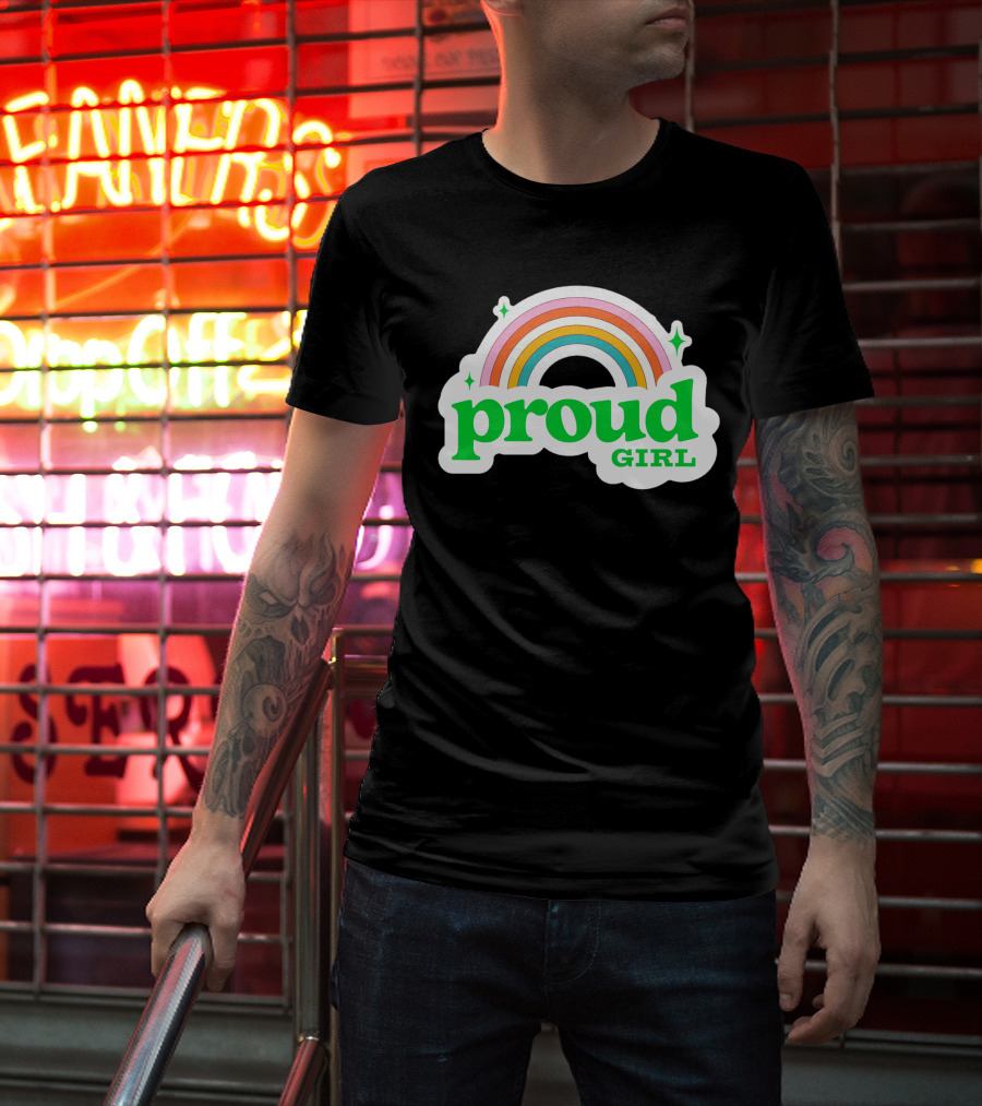 Proud Girl Green Text Rainbow With Sparkles T-Shirt