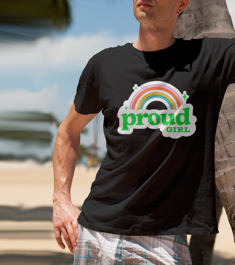 Proud Girl Green Text Rainbow With Sparkles T-Shirt