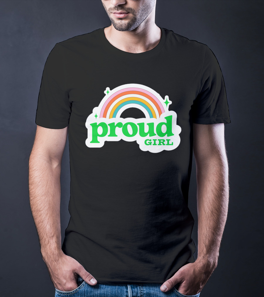 Proud Girl Green Text Rainbow With Sparkles T-Shirt