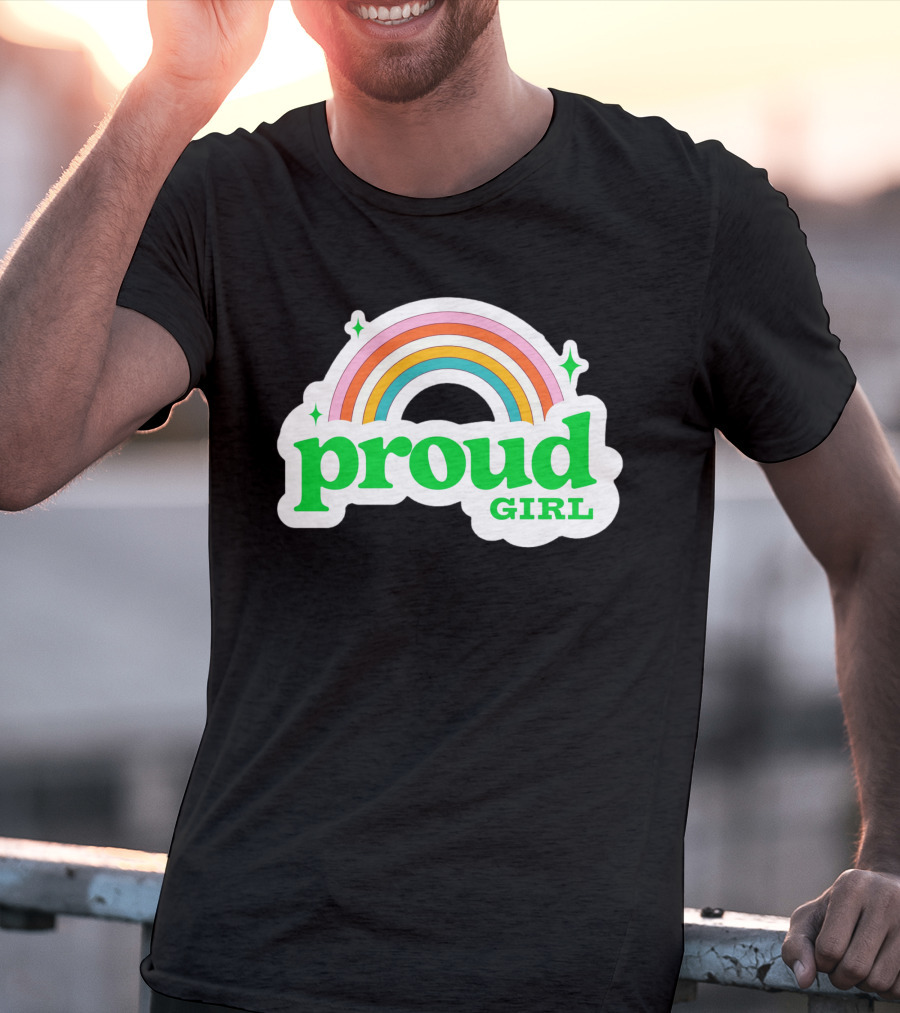 Proud Girl Green Text Rainbow With Sparkles T-Shirt