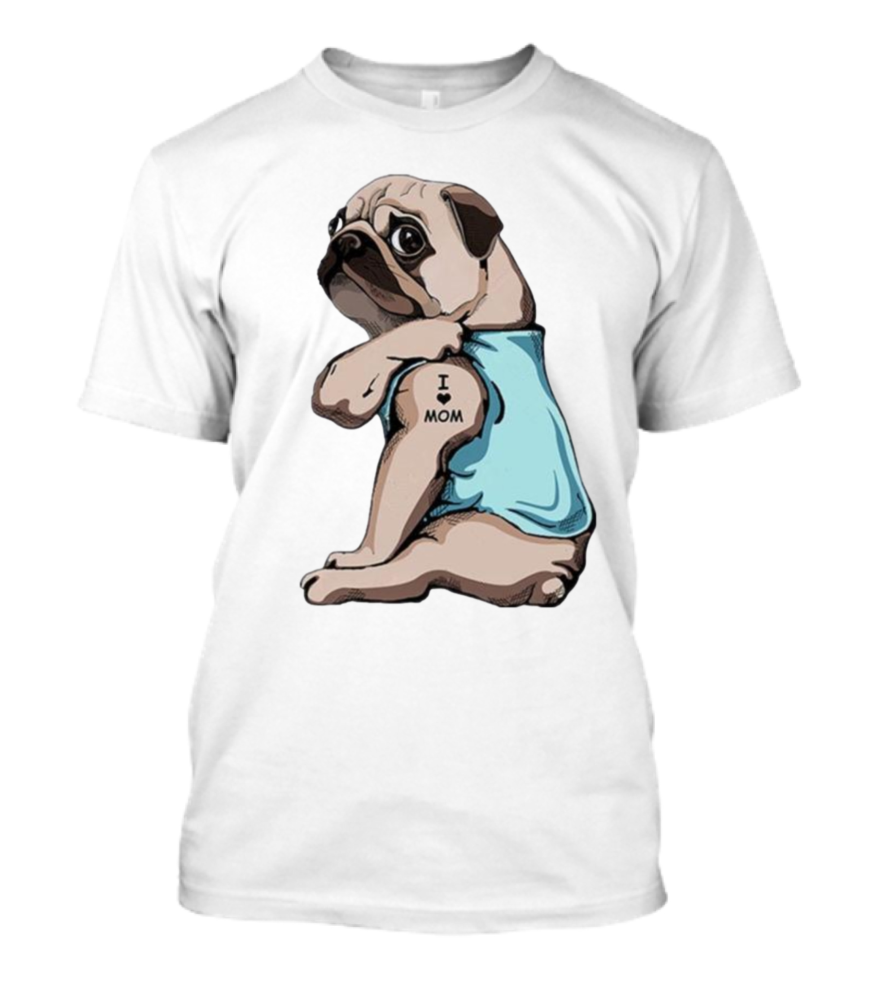 Pug I Love Mom Tattoo Blue T-Shirt