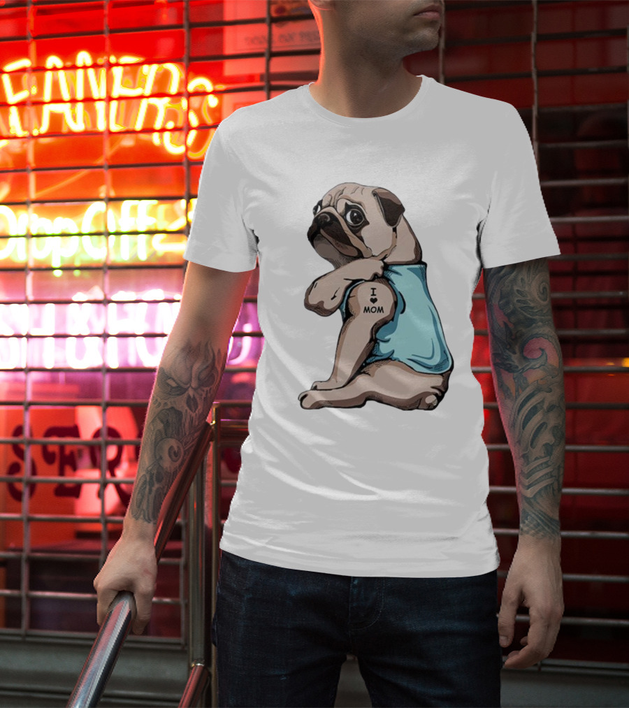 Pug I Love Mom Tattoo Blue T-Shirt