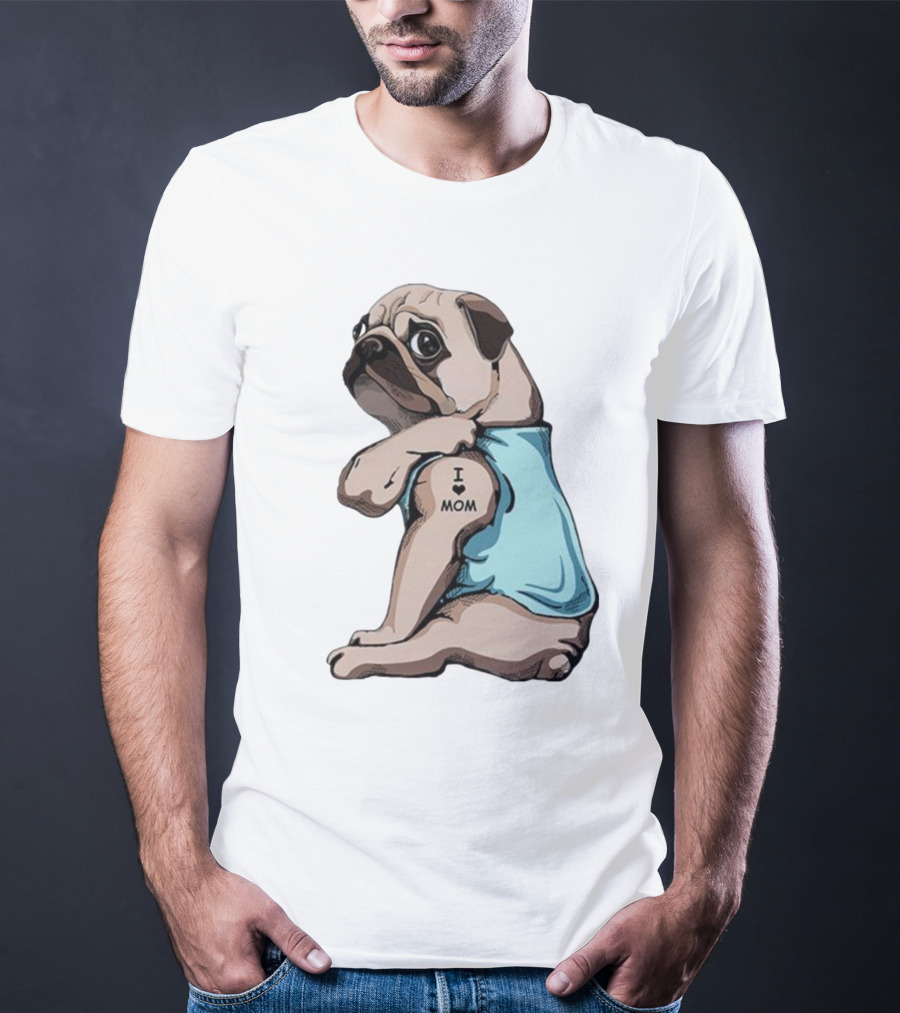 Pug I Love Mom Tattoo Blue T-Shirt