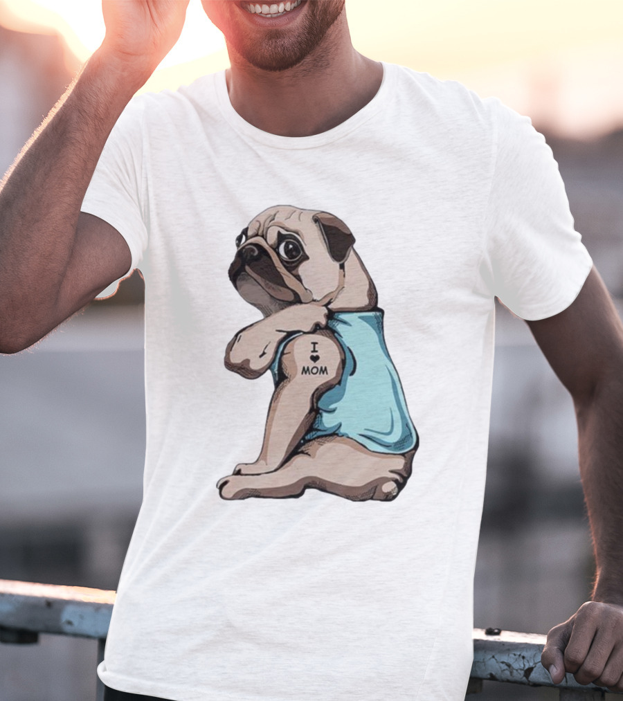 Pug I Love Mom Tattoo Blue T-Shirt