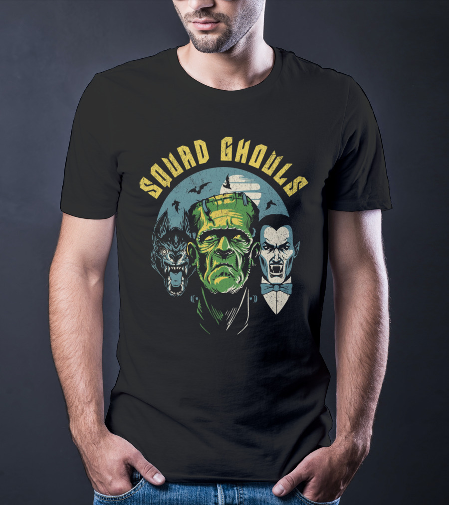 Squad Ghouls Frankenstein Dracula Werewolf Halloween Characters T-Shirt