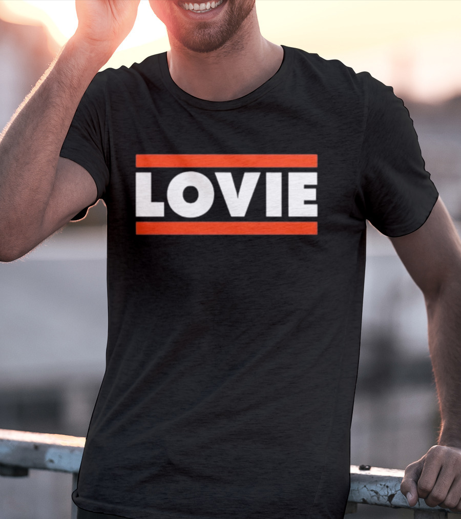 LOVIE Bold Block Letters With Red Stripes T-Shirt