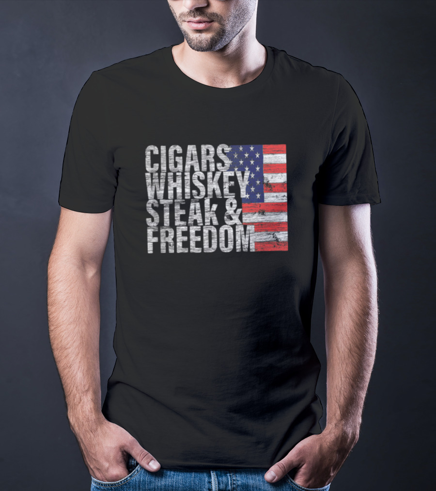 Cigars Whiskey Steak And Freedom American Flag Patriotic T-Shirt