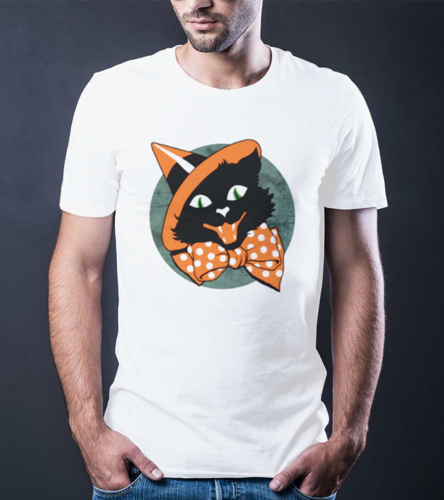 Halloween Black Cat Vintage Witch Hat Polka Dot Bow Tie T-Shirt
