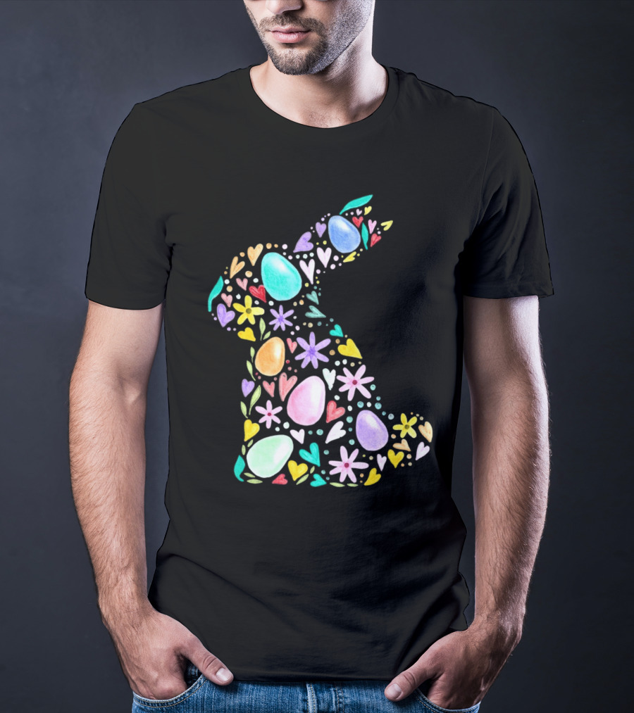 Rabbit Easter Day Colorful Eggs Hearts Flowers T-Shirt