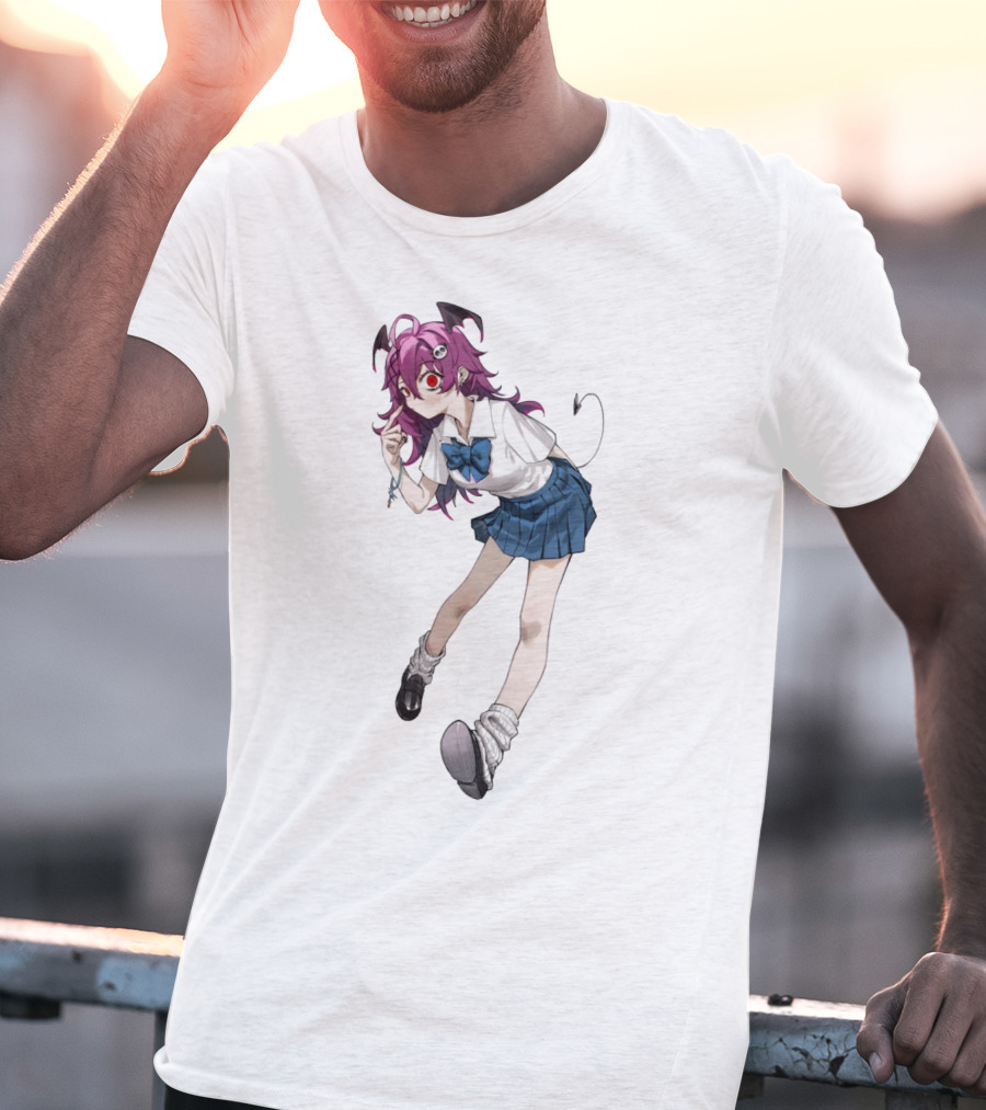 Devil Girl Anime School Uniform Purple Hair Horns Tail T-Shirt