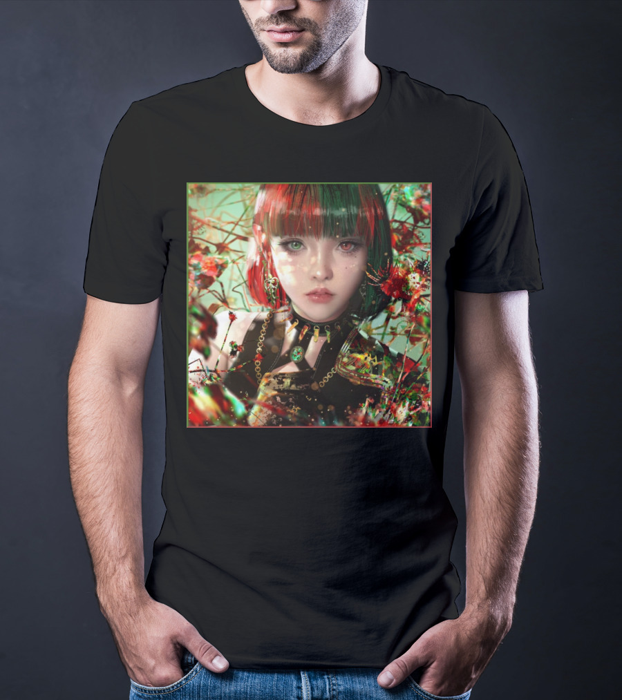 Green Red Sticker Fantasy Portrait Vibrant Blossoms Dual-Tone Hair T-Shirt