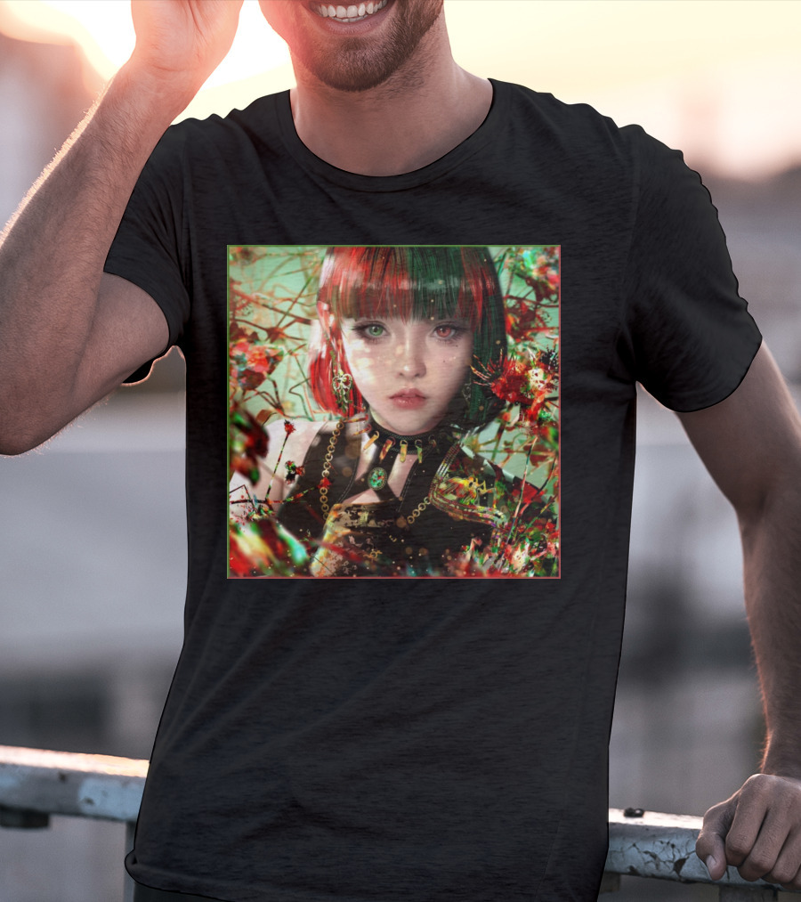 Green Red Sticker Fantasy Portrait Vibrant Blossoms Dual-Tone Hair T-Shirt