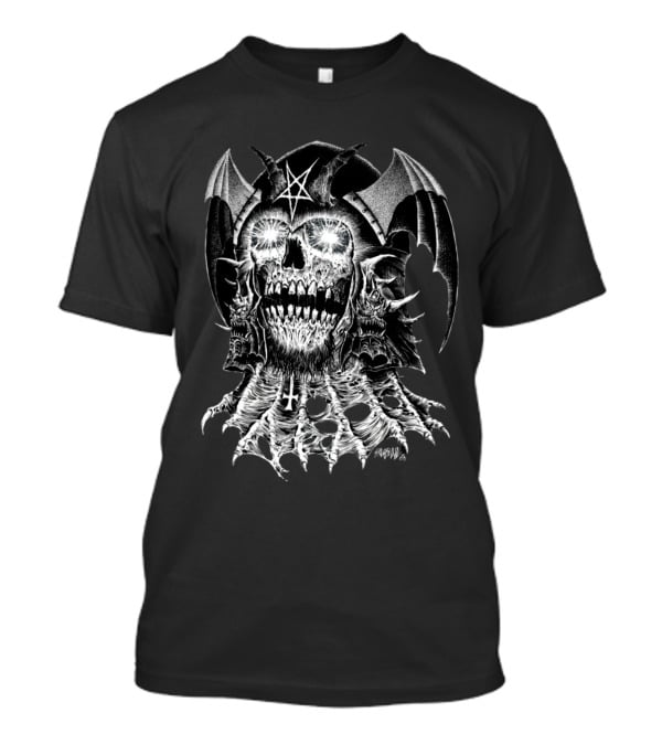 Lucifer's Helm Infernal Skull With Pentagram And Bat Wings T-Shirt