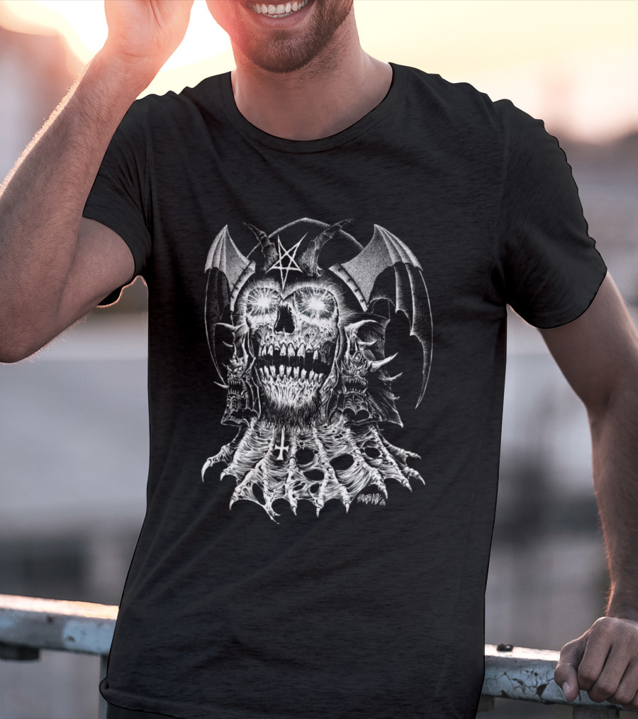 Lucifer's Helm Infernal Skull With Pentagram And Bat Wings T-Shirt
