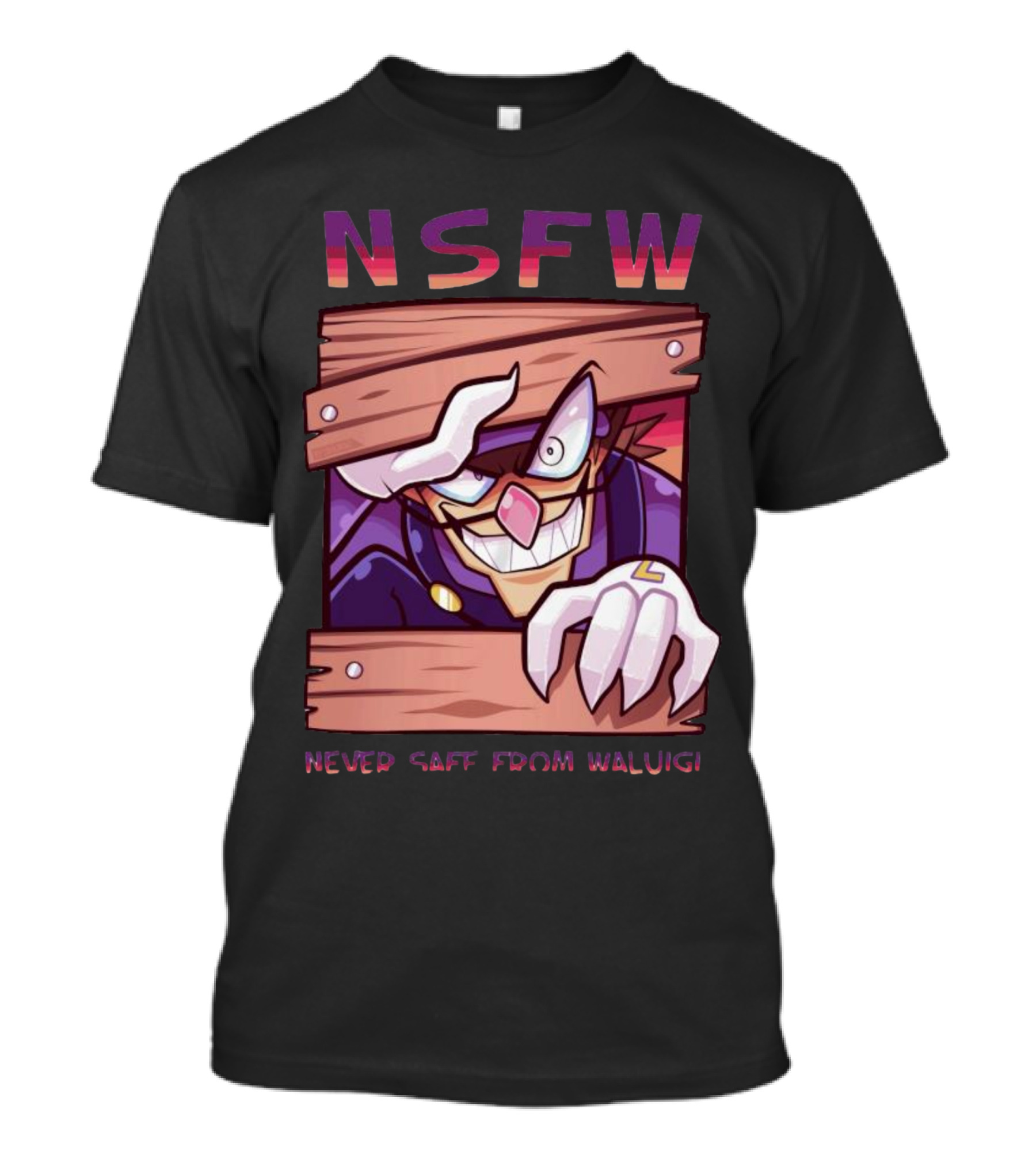 NSFW Never Safe From Waluigi Spaicy Waluigi Peeking Through Wooden Planks T-Shirt