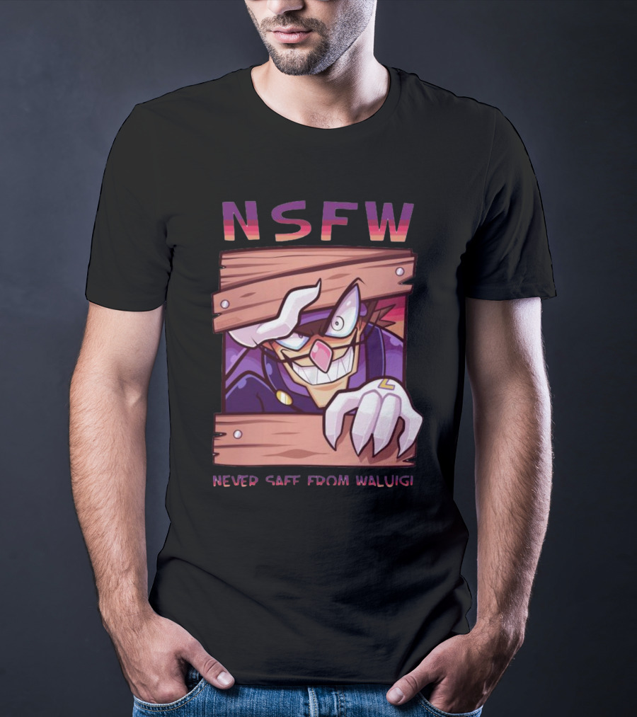 NSFW Never Safe From Waluigi Spaicy Waluigi Peeking Through Wooden Planks T-Shirt