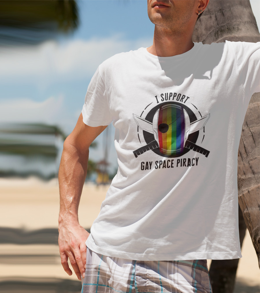 I Support Gay Space Piracy Pride Rainbow Flag Patch T-Shirt
