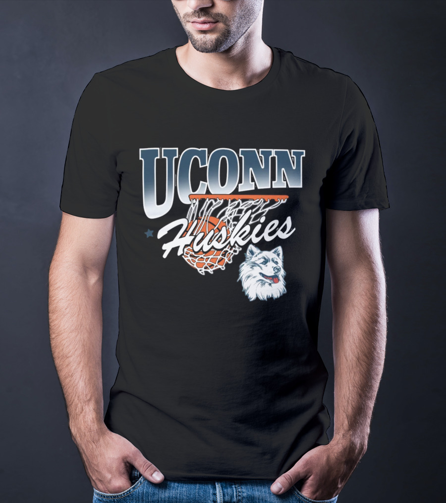 UConn Huskies Basketball Husky Mascot And Net T-Shirt