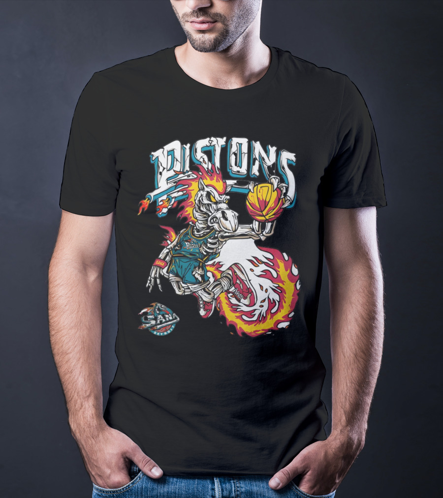 Sana Detroit Pistons Fiery Skeleton Basketball Dunk Pop-Up T-Shirt