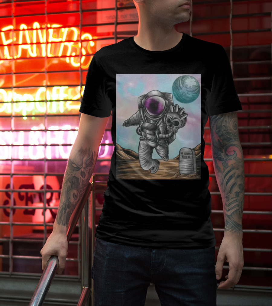 Slim Reaper Essential Youth Astronaut Skull Moon Tombstone He Jumped With Me T-Shirt
