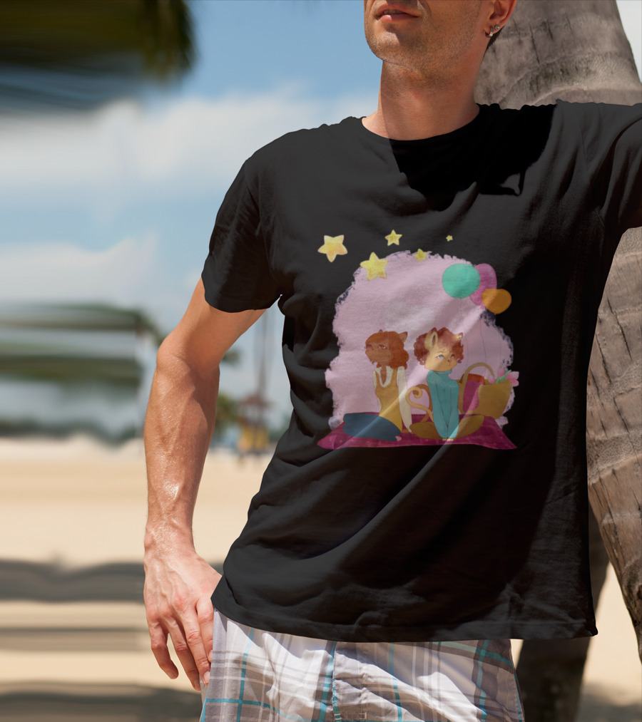 Cute Lesbian Fashion Relationship Cat Couple With Stars And Balloons T-Shirt