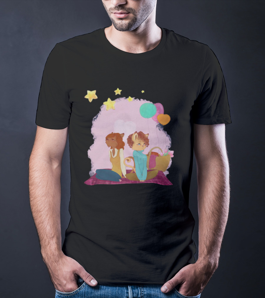 Cute Lesbian Fashion Relationship Cat Couple With Stars And Balloons T-Shirt