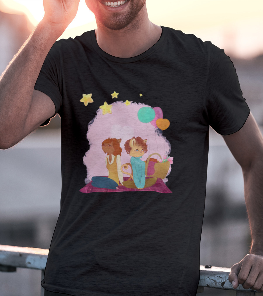 Cute Lesbian Fashion Relationship Cat Couple With Stars And Balloons T-Shirt